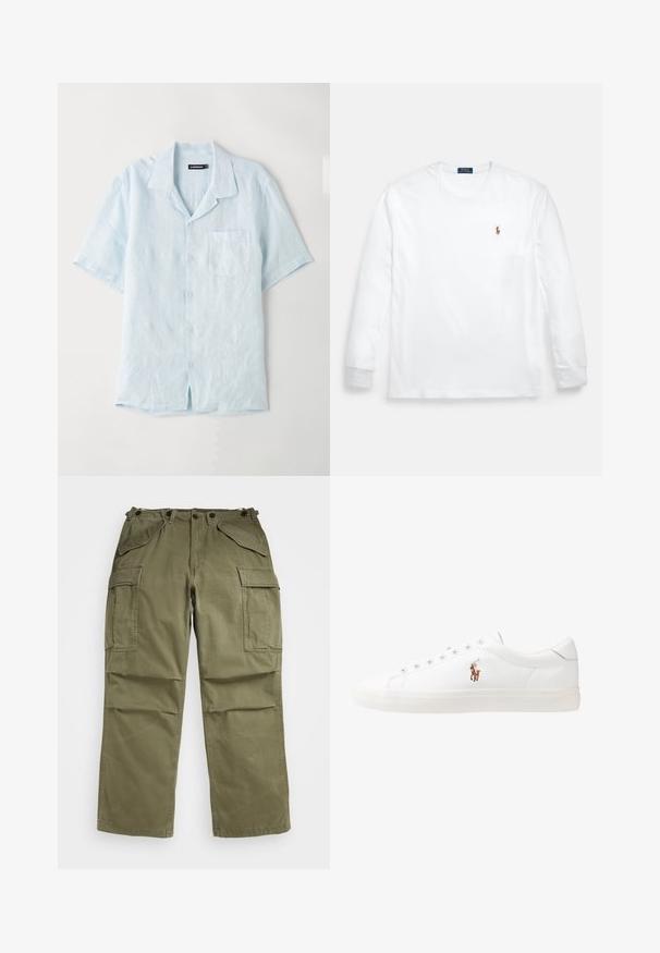 Ljusblå kortärmad skjorta med knappar i linne, med en bröstficka, urklippt krage och en avslappnad passform med rak fåll.; Vit långärmad t-shirt i bomull, med rund halsringning och en liten broderad logotyp på vänster bröst. Mjuk textur, enkel design.; Olivgröna cargobyxor i texturerat tyg, med flera fram- och sidofickor samt förstärkta sömmar.; Vita lädersneakers, låg design, med en slät yta, rund tå, snörning fram och en liten broderad logotyp på sidan.