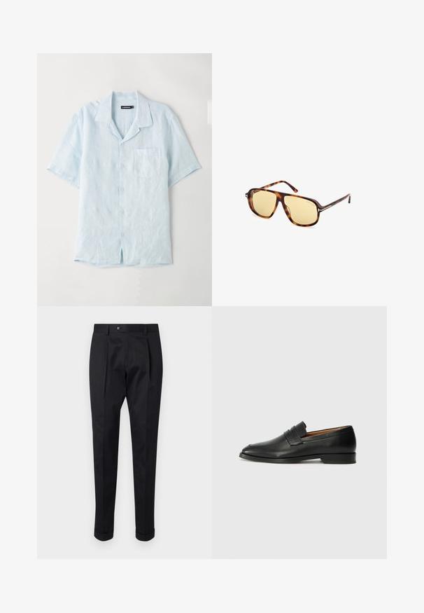 Lichtblauw kortslibshirt met knopen, gemaakt van linnen. Het shirt heeft een borstzakje, een gekleed kraagje en een relaxte pasvorm met rechte zoom.; Zwarte broek gemaakt van een gladde stof, met een plooi aan de voorkant, een knopen sluiting en opgerolde manchetten bij de enkels.; Zwarte leren instapper met een ronde neus, subtiele stikdetails en een lage hak, met een gladde textuur en een minimalistisch ontwerp.; Zonnebril met een schildpadprint acetaat frame, gele getinte lenzen, vierkante vorm en metalen accenten op de pootjes.
