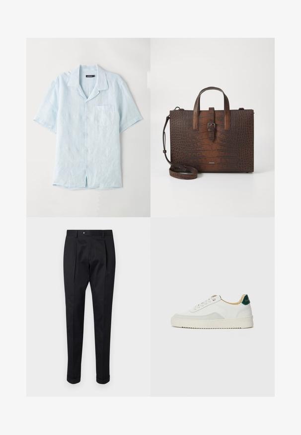 Jasnoniebieska koszula z krótkim rękawem, zapinana na guziki, wykonana z lnu, z kieszonką na piersi, wykładanym kołnierzykiem oraz luźnym krojem i prostym dołem.; Czarne spodnie wykonane z gładkiego materiału, z zakładką z przodu, zapięciem na guzik i podwiniętymi mankietami na kostkach.; Białe trampki z zamszowymi akcentami, zaokrąglony czubek, płaskie sznurowadła i kremowa gumowa podeszwa. Posiadają zielone logo na pięcie.; Brązowa torebka ze skórzanym tłoczeniem w kształt krokodyla, z górnymi uchwytami i odpinanym paskiem na ramię. Posiada zapięcie na klamrę i prostokątny kształt.