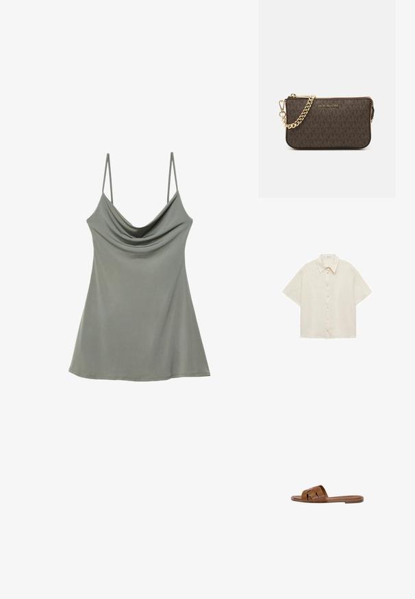 Bežna kratkoprugaška srajca s klasičnim ovratnikom in vidnimi gumbi spredaj, razporejena na beli podlagi.; Ohlapna svetlo siva kamizola s tankimi nastavljivimi naramnicami, izdelana iz mehkega materiala, z udobnim krojem in gladko teksturo.; Rjav usnjeni natikač s prečnimi trakovi, ravnim podplatom in gladko teksturo. Preprost dizajn brez okraskov ali vzorcev.; Rjava usnjena torba čez ramo z vzorcem logotipa, zlatim verigo, zadrgo in zlatimi dodatki. Kompaktna in pravokotna oblika.