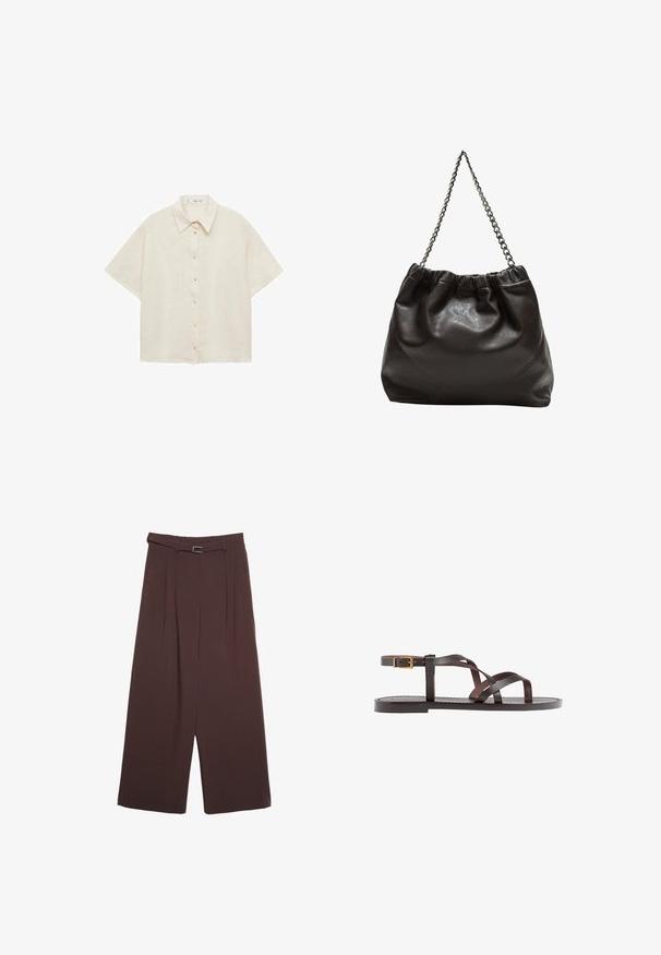 Beige kortærmet skjorte med knapper og klassisk krave, lagt fladt på hvid baggrund.; Stradivarius WIDE-LEG WITH BUCKLE DETAIL - Bukser - dark brown; Brune lædersandal med krydsende stropper, ankelspænde og en flad sål med minimale syninger.; Brun lædertaske med en rynket top og en kædestrop. Glat tekstur med en blank finish og subtile sømdetaljer på siderne.