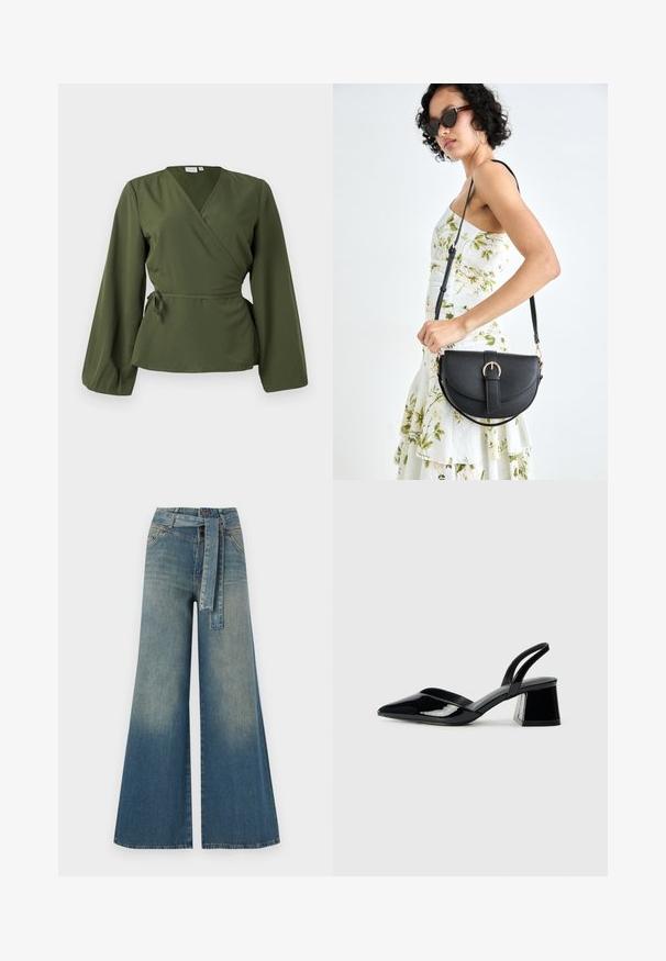 Olivově zelená zavinovací blůza s dlouhými rukávy a vázáním v pase, vystavená na jednoduše bílém pozadí.; Džínové kalhoty širokého střihu s přechodem od světlé k tmavě modré, vysokým pasem, poutky na opasek a odpovídajícím opaskem ze stejného materiálu. Texturovaná džínovina.; Černé lakované kožené lodičky na pásku s špičatou špičkou a geometrickým blokovým podpatkem. Vyznačují se elegantním, minimalistickým designem a hladkým povrchem.; Černá kožená kabelka s křivkovým tvarem, odnímatelným popruhem a zlatými detaily. Kabelka má klopu s přezkou.