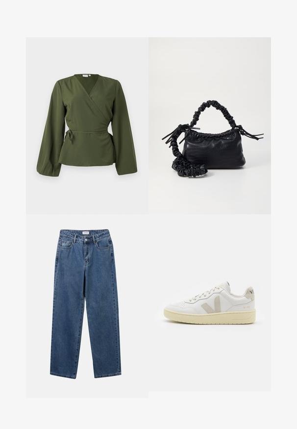 Blusa envolvente de color verde oliva con mangas largas y un lazo en la cintura, mostrada sobre un fondo blanco liso.; Jeans de mezclilla azul clásico con un diseño de pierna recta, cinco bolsillos y cierre de botón. Presenta un lavado medio y una textura resistente.; Zapatilla de piel blanca con acentos de ante beige, caja de puntera perforada, cordones planos y suela texturizada en color crema. Cuenta con un branding sutil en el talón.; Bolso de mano de imitación cuero negro con textura de cocodrilo, parte superior fruncida y correa arrugada. Presenta un diseño suave y compacto.