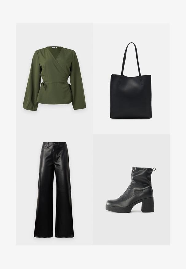 Olivgrüne Wickelbluse mit langen Ärmeln und seitlichem Bindegürtel, präsentiert auf einem schlichten weißen Hintergrund.; Schwarze leichte, weit geschnittene, hochtaillierte Kunstlederhose mit vorderem Knopf, Reißverschluss, Gürtelschlaufen und Seitentaschen auf weißem Hintergrund.; Schwarze Stiefeletten aus glattem Leder mit seitlichem Reißverschluss, klobigem strukturiertem Absatz und runder Zehenform.; Schwarze Laptoptasche aus Leder mit glatter Textur, rechteckiger Form und zwei langen Griffen. Keine sichtbaren Beschläge oder Verzierungen.