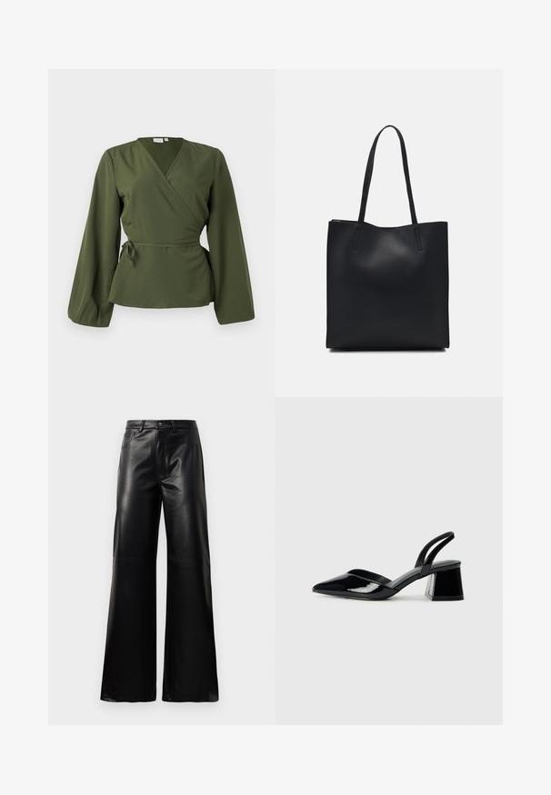 Blusa avvolgente verde oliva con maniche lunghe e un fiocco laterale in vita, presentata su uno sfondo bianco semplice.; Pantaloni ampi a vita alta in ecopelle neri con bottone frontale, chiusura con zip, passanti per cintura e tasche laterali su sfondo bianco.; Décolleté in vernice nera con punta affusolata e tacco in geometria cubica. Presentano un design elegante e minimalista, con una texture liscia.; Borsa tote in pelle nera con texture liscia, forma rettangolare e due manici lunghi. Nessun hardware o decorazione visibile.