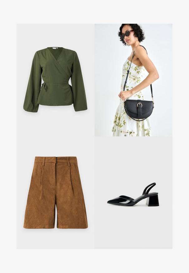 Blusa envolvente de color verde oliva con mangas largas y un lazo en la cintura, mostrada sobre un fondo blanco liso.; Shorts de ante marrón con una textura suave, que presentan pliegues frontales, cinturilla plana y un corte recto.; Zapatos de tacón slingback de charol negro con punta afilada y tacón geométrico en bloque. Presentan un diseño elegante y minimalista, así como una textura suave.; Bolso de piel negra con forma curva, correa desmontable y herrajes dorados. El bolso cuenta con una solapa con un detalle de hebilla.