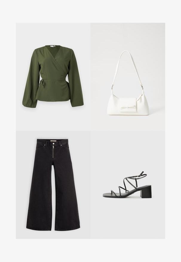 Olivengrønn omslagsbluse med lange ermer og bånd i midjen, vist på en enkel hvit bakgrunn.; Vide benbukser i sort denim med glidelås i front, fem-lomme design og subtile sømdetaljer. Glatt tekstur og avslappet stil.; Svarte stroppesandaler med firkantet tå og tykk hæl, laget av glatt materiale. Har justerbare ankelstropper og minimalt med utstyr.; Hvit syntetisk håndveske med trekantet form, flat klaff foran og sløyfe detaljer, justerbar stropp, glatt tekstur og minimalistisk design.