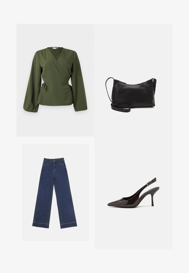 Õlivärvi vööteks blouse pikkade varrukatega ja külgtõmbe vöökohaga, esitatud ideaalselt valgel taustal.; Laiad püksid tumedast sinisest denimist. Omab viit taskut, vöölõke ja toore äärega allosas, kus on nähtavad õmblused.; Kare kõrge kontsaga king, läikiv tumepruun lakknahast, terava nina, avatud külgedega ja reguleeritava pahkluuringiga.; Mustmust nahk õlakotil on sile tekstuur, kumer kuju, reguleeritav rihm ja lukuga sulgemine. Minimalistlik disain ilma kaunistusteta.