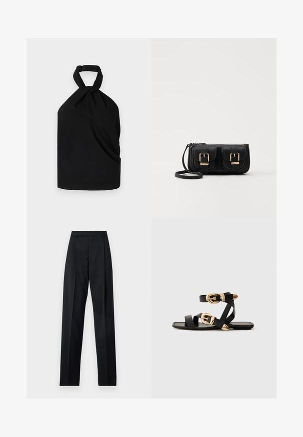 Iro BIRDA - Bluza - black; Crne hlače od glatkog materijala s visokim strukom, širokim nogavicama, prednjim pregibima i klasičnim petljama za remen. Nema vidljivih bočnih džepova.; Crne kožne sandale s zlatnim kopčama, s više trakica i ravnim đonom za nošenje s otvorenim prstima.; Crna kožna torba preko ramena s dva prednja džepa, zlatnim kopčama, zatvaranjem na zip i uskim remenom. Teksturirana površina i kompaktan pravokutan oblik.