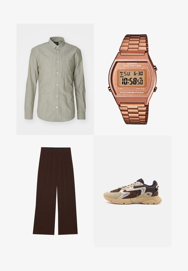Jasnozielona, długa koszula z długim rękawem zapinana na guziki, wykonana z bawełny. Posiada kołnierzyk, przednią kieszeń oraz zapięcie na guziki. Gładka faktura.; YOURTURN UNISEX 3 PACK ciemnobrązowy; Brązowe spodnie szerokie z plisami. Wykonane z gładkiego materiału, z dopasowanym pasem i kieszeniami bocznymi. Prosty zakład na dole.; Beżowe i brązowe sneakersy z teksturowanymi panelami z siateczki, zamszowymi akcentami i gumową podeszwą. Posiadają sznurowane zapięcie oraz detale marki.; Cyfrowy zegarek Casio z różowo-złotą metalową bransoletą, prostokątną kopertą, podświetlanym wyświetlaczem i wodoodpornością, pokazujący czas i datę.