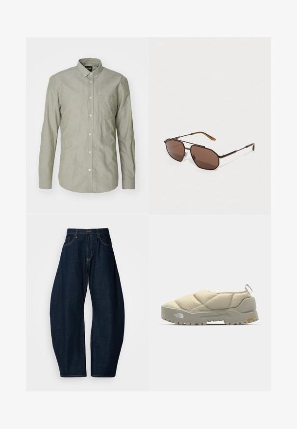 Cămașă verde deschis, cu mânecă lungă și nasturi, fabricată din bumbac. Are guler, buzunar frontal și închidere cu nasturi. Textură netedă.; Tricou negru cu mânecă scurtă, dintr-un material moale, având un grafic brodat alb reprezentând o cruce și text stilizat pe partea stângă.; Jeans din denim de culoare bleu închis cu design cu picioare largi, având cusături proeminente, cinci buzunare și închidere cu un buton din alamă la talie.; Pantof de tip slip-on bej, matlasat, cu talpă gri Vibram, formă rotundă și buclă în spate. Prezintă logo pe laterala și o suprafață superioară texturată.; Ochelari de soare octagonali maronii cu un cadru subțire din metal negru, accentuați de brațe maronii. Lentilele închise la culoare oferă protecție UV.