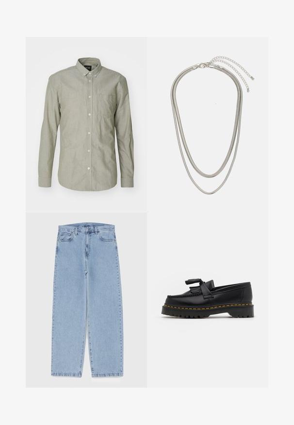 Svetlozelená košeľa s dlhým rukávom na gombíky z bavlny. Má golier, prednú vrecko a zapínanie na gombíky. Hladká textúra.; Svetlomodré denimové džínsy s rovnými nohavicami, s polovysokým pásom, piatimi vreckami a zapínaním na gombík a zips.; Čierne kožené loafre s detailom na strapcoch, s masívnou čiernou podrážkou a žltým prešitím pozdĺž okraja. S textúrovaným povrchom.; Trojvrstvový náhrdelník zo strieborného kovu s elegantnými, flexibilnými reťazami s jemným leskom, zabezpečený sponou typu langusta a nastaviteľným reťazcom.