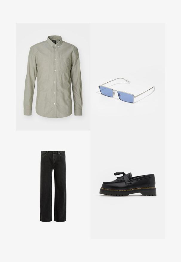Světle zelená košile s dlouhým rukávem, vyrobená z bavlny. Obsahuje límeček, přední kapsu a zapínání na knoflíky. Hladká textura.; Černé džíny s širšími nohavicemi a vysokým pasem, s klasickým designem pěti kapes a jemným vyblednutím pro texturovaný vzhled.; Černé kožené mokasíny s třásněmi, se silnou černou podrážkou a žlutým prošíváním podél okraje. Texturovaný povrch.; Kovové sluneční brýle s obdélníkovým tvarem, modrými zabarvenými skly a stříbrným rámem. Obsahují nosní podložky a tenké, rovné ramena.