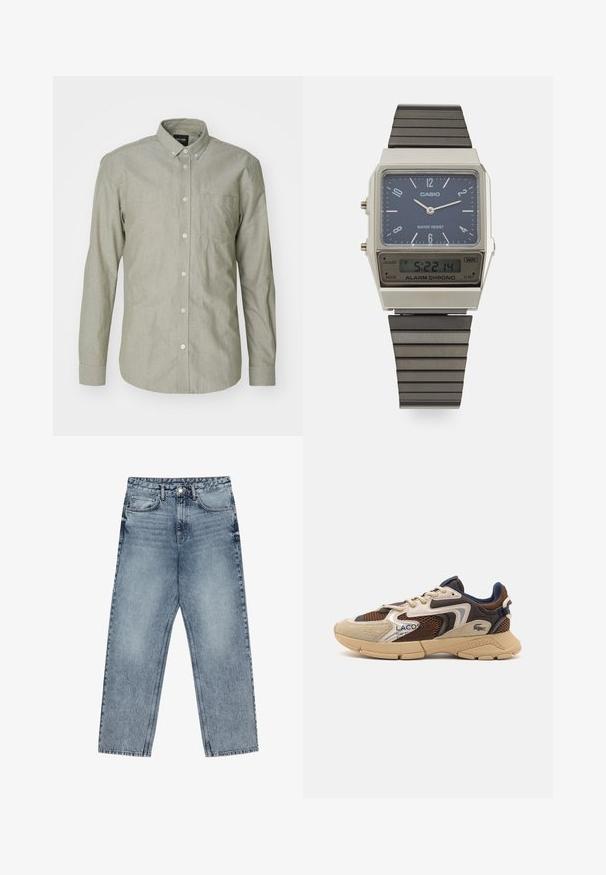 Camicia verde chiaro con maniche lunghe e bottoni, realizzata in cotone. Presenta un colletto, tasca frontale e chiusura con bottoni. Tessuto liscio.; Jeans in denim azzurro chiaro con taglio a gamba dritta, cuciture visibili, design a cinque tasche e chiusura a bottoni in vita.; Sneaker beige e marrone con pannelli in mesh testurizzati, accenti in suede e suola in gomma. Presenta un design con lacci e dettagli brandizzati.; Orologio digitale Casio con quadrante blu, cassa argentata e cinturino in gomma nera a strati. Mostra l'ora e le impostazioni dell'allarme. Resistente all'acqua.