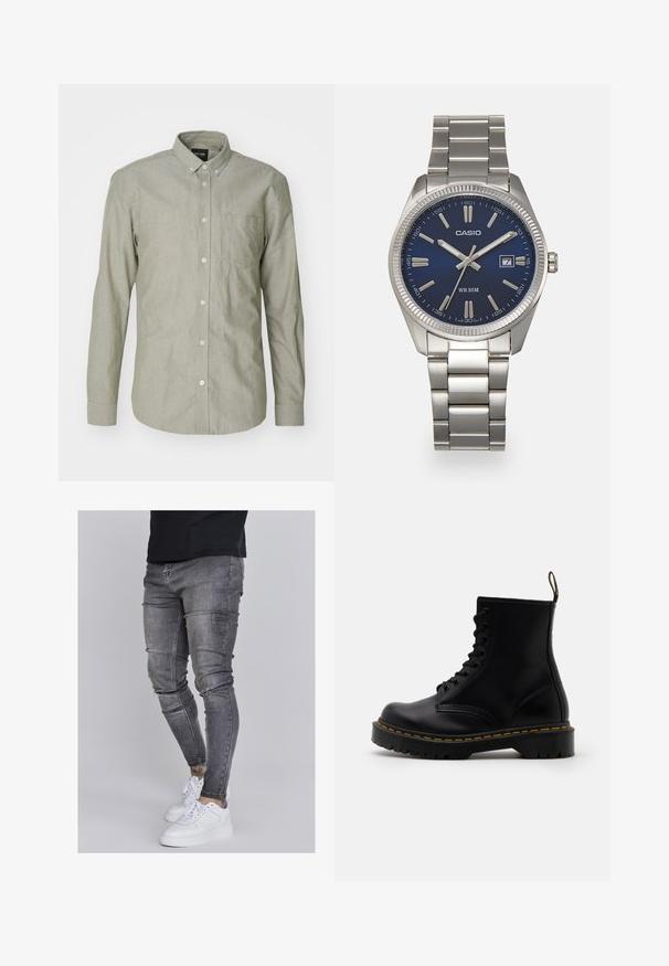 Camicia verde chiaro con maniche lunghe e bottoni, realizzata in cotone. Presenta un colletto, tasca frontale e chiusura con bottoni. Tessuto liscio.; Jeans skinny in denim grigio sbiadito, con dettagli strappati sulle ginocchia, abbinati a sneakers bianche. Texture liscia, design slim fit.; Stivaletti alla caviglia in pelle nera con lacci anteriori, cuciture gialle, punta rotonda e suola in gomma spessa e testurizzata.; Orologio da polso in acciaio inossidabile argento con quadrante blu navy, indici metallici e finestra della data alle 3. Resistente all'acqua fino a 50 metri.