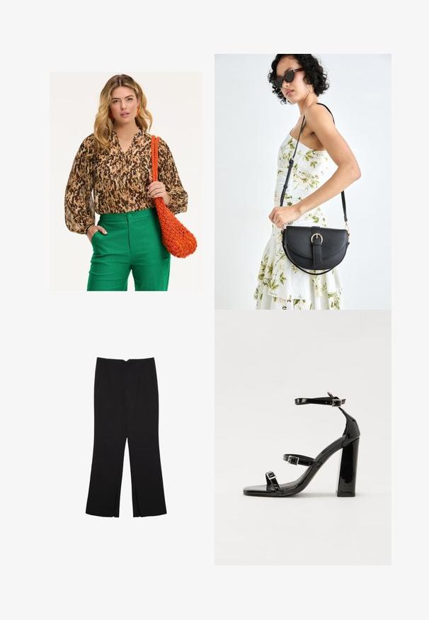Blusa marrone e beige con motivo, maniche a sbuffo, abbinata a pantaloni verdi. In mano c'è una borsa tessuta arancione con un design texturizzato.; Pantaloni neri a gamba dritta, con tasche frontali e spacchi laterali all'orlo. Realizzati in tessuto morbido e liscio. Adatti a diverse occasioni.; Sandali con tacco in vernice nera, con punta squadrata, cinturini alla caviglia e fibbie in argento. Presentano un tacco a blocco spesso per maggiore stabilità.; Borsa a tracolla nera in pelle con una forma curva, manico rimovibile e accessori dorati. La borsa presenta una patta con un dettaglio a fibbia.