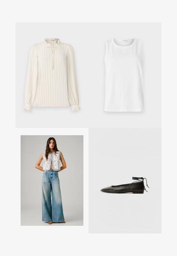 Langärmlige cremefarbene Bluse mit navyblauen vertikalen Streifen, Rüschenspitze am Kragen und Knopf-Schlitzdetail; elastische Bündchen mit Rüschendetails.; Weißes ärmelloses Top aus weicher Baumwolle. Verfügt über einen runden Ausschnitt und einen geraden Schnitt. Schlichtes Design ohne sichtbare Muster oder Akzente.; Frau trägt ein ärmelloses weißes Oberteil mit blumigem Muster, kombiniert mit hochgeschnittenen, weiten, hellblauen Jeans und braunen Schuhen, steht mit hinter dem Rücken verschränkten Händen.; Schwarze Leder-Ballerinas mit spitzem Zehenbereich, Knöchelband und flacher Sohle, die eine glatte Textur und ein minimalistisches Design aufweisen.