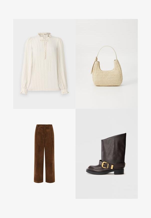 Langermet krembluse med marineblå vertikale striper, volangkrage og knappehull-detail; elastiske mansjetter med volangdetaljer.; Brune kordfløyels vide bukser med teksturert overflate, plisserte front og glidelåslukking. Har et lite merkelapp på livet.; Mørkebrun skinnstøvlett til midten av leggen med svart såle, lav hæl og dekorativ gullspenne rundt ankelen, vist fra siden.; Vevd stråveske i beige med buet form, kort håndtak og glidelås på siden. Har teksturert overflate og minimalistisk design.