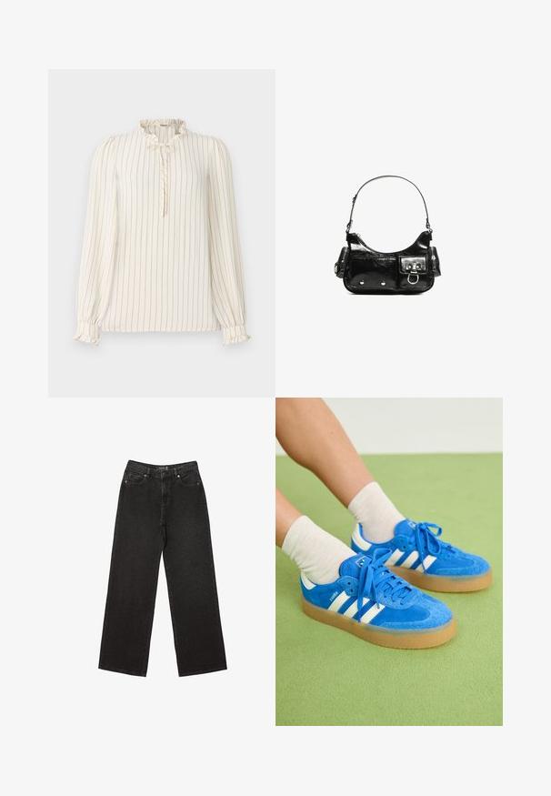 Kreemi pikaa varrukka blouse, millel on tumesinised vertikaalsed triibud, volangiga krae ja nööbiga võtmeaugu detail; elastsed mansetid volangidega kaunistustega.; Mustat leveät farkut, jotka on valmistettu denimestä ja joissa on pieniä pistekuvioita, perinteinen viisi-taskuinen muotoilu sekä nappi- ja vetskarihyttys.; Siniset mokkakengät valkoisilla raidoilla, kumipohja, pyöreä kärki ja kangasnauhat. Yhdistetty kermaisiin sukkiin vihreällä pinnalla.; Mustekko mustasta kiiltonahasta valmistettu käsilaukku, jossa on kaareva muoto, yksi olkahihna, etutaskut ja hopeanväriset yksityiskohdat.