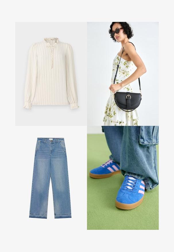 Blouse crème à manches longues avec des rayures verticales bleu marine, col volanté et détail en trou de serrure avec bouton ; poignets élastiques avec accents en volants.; Jean large taille haute bleu clair avec fermeture à bouton, poches avant, passants de ceinture et détails légèrement décolorés.; Des chaussures en daim bleu avec des rayures roses et des lacets blancs, dotées d'une semelle en caoutchouc gomme, assorties à un pantalon en denim ample sur une surface verte.; Sac à main en cuir noir avec une forme courbée, bandoulière amovible et des accessoires en or. Le sac est doté d'un rabat avec un détail de boucle.