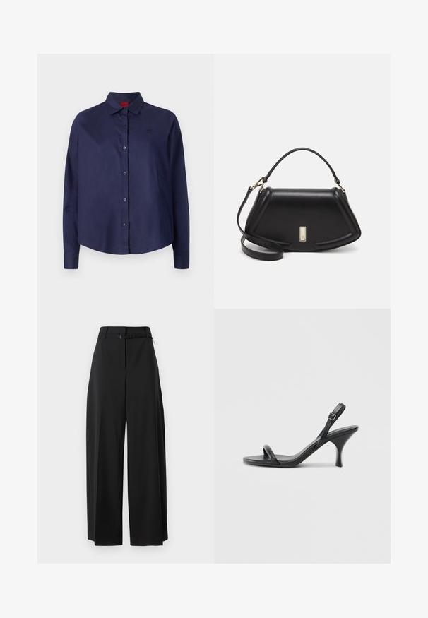 Navy blue button-up shirt with a collared neck, long sleeves, slight crop, subtle logo on chest, and smooth fabric texture.; Black wide-leg trousers with a high waist and a belt. Features a smooth texture and clean lines, designed for a relaxed fit.; Black leather high-heeled sandals with a slim, curved heel and a crossed strap design. Adjustable ankle strap. Smooth texture.; Black leather handbag with a structured design, featuring a cropped shape, top handle, and gold hardware accent. Adjustable shoulder strap included.