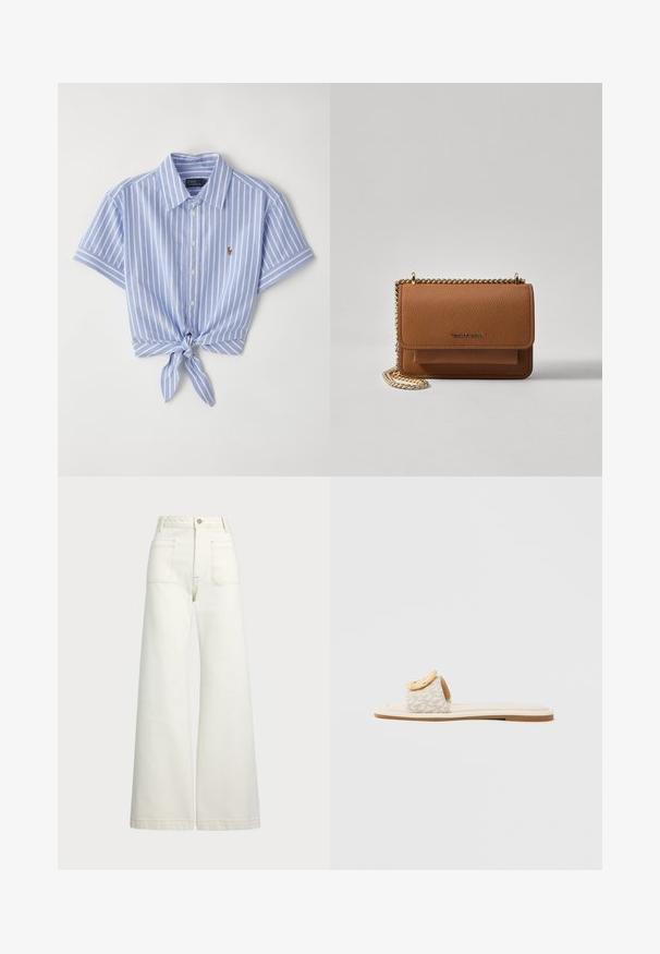 Blå og hvit stripete kortermet skjorte med knutedetalj i midjen og en liten logo på venstre brystområde.; Vidde bukser i off-white denim. Høyt liv-design med knappelukking, to frontlommer og kontrastsøm detaljer.; Slip-onsandal med en beige rem med geometrisk mønster, en rundet gul detalj på overdelen og en flat, lys såle.; Brun teksturert lær crossover-veske med gullkjede-stropp og klaffelukking. Fronten har logo-detalj og en lomme under klaffen.