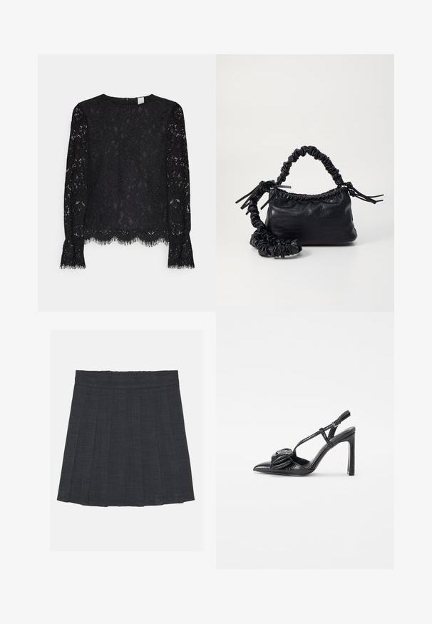 Top lungo a maniche nere in pizzo, con scollatura tonda, orlo a onde e polsini frangiati. Motivo texture con elementi floreali diffusi.; Gonna a pieghe grigio scuro con vita elastica, caratterizzata da un tessuto testurizzato e da una classica silhouette a trapezio. Adatta per un abbigliamento casual.; Scarpa nera con tacco alto, punta affusolata, texture lucida, fasce sottili e dettaglio plissettato decorativo nella parte anteriore.; Borsa a tracolla in ecopelle nera con texture a coccodrillo, apertura cinchata e tracolla arricciata. Si presenta con un design morbido e compatto.
