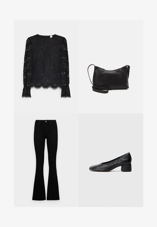 Schwarzes Spitzenoberteil mit langen Ärmeln, Rundhalsausschnitt, gewelltem Saum und fransigen Bündchen. Texturiertes Muster mit floralen Elementen durchgehend.; Schwarze hochtaillierte Jeans mit einem Knopf- und Reißverschluss, Fronttaschen und ausgestellten Beinen, flach auf einem weißen Hintergrund ausgelegt.; Schwarze Lederpumps mit runder Zehenpartie und mittelhohem Blockabsatz. Glatte Textur mit minimalen Details, ausgestattet mit einem dezenten elastischen Einstieg.; Schwarze Ledertasche für die Schulter mit glatter Textur, geschwungener Form, verstellbarem Tragegurt und Reißverschluss. Minimalistisches Design ohne Verzierungen.