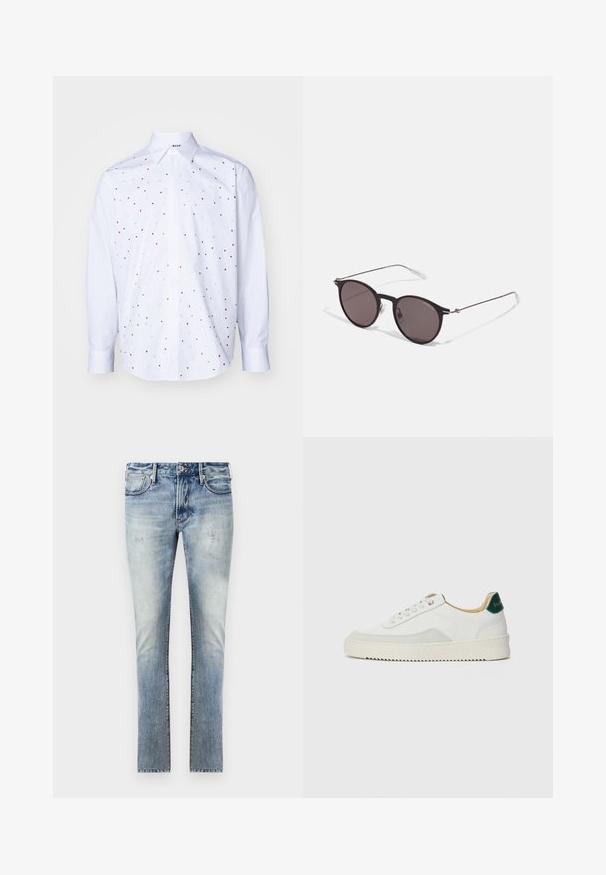 MSGM CAMICIA - Hemd - white; Helle blaue Denim-Jeans mit einem ausgewaschenen Finish, schlankem Schnitt, fünf Taschen und kontrastierenden Nähten an den Nähten.; Weiße Sneaker mit Wildlederelementen, runder Zehenpartie, flachen Schnürsenkeln und einer cremefarbenen Gummisohle. Mit grünen Markenlogo am Fersenbereich.; Schwarze runde Sonnenbrille mit dunklen Gläsern und schlanken Metallbügeln. Enthält klare Tempelspitzen und silberne Akzente am Scharnier. Minimalistisches Design.