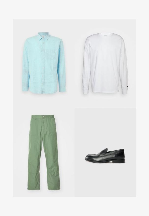 GAP STANDARD - Pluus - aqua glaze; Valge pika varrukaga T-särk, mis on valmistatud puuvillast. Ümmargune kaelus, ribaga mansetid ja väike logo vasakul varrukal. Sile tekstuur.; Heledad rohelised, mugavad püksid, millel on sujuv tekstuur, küljetaskud ja nähtavad õmblusdetailid. Täispikkusega ja sirge jala disainiga.; Mustad mustad nahast loafers, mis on kaunistatud sileda viimistluse, õmblusdetailide ja veidi kõrgendatud kannaga.