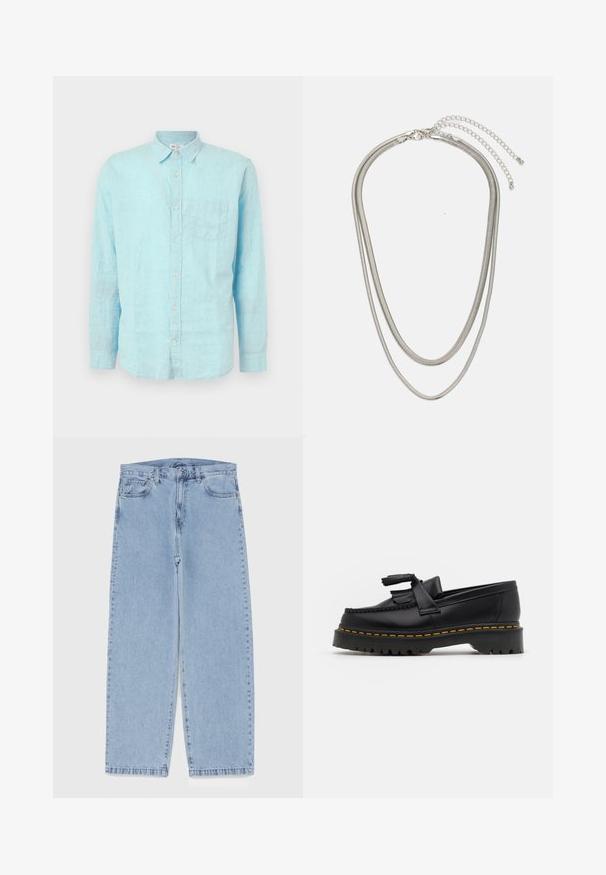 GAP STANDARD - Hemd - aqua glaze; Hellblaue Jeans aus Denim mit geradem Bein, ausgestattet mit einer mittelhohen Taille, fünf Taschen sowie einem Knopf- und Reißverschluss.; Schwarze Lederloafers mit einem fransenverzierten Akzent, ausgestattet mit einer robusten schwarzen Sohle und gelber Naht entlang der Kante. Texturierte Oberfläche.; Dreischichtige Halskette aus Silbermetall mit schlanken, flexiblen Ketten mit leichtem Glanz, gesichert mit einem Karabinerverschluss und verstellbarer Kette.
