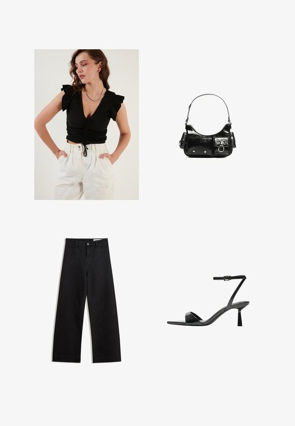 LELA SLIM FIT - Blúz - black; Fekete, bő szabású farmernadrág magas derékkal, elülső és hátsó zsebekkel, varrott felületekkel és gombos záródással. Sima textúra.; Bershka Magas sarkú szandálok - black; Fekete lakkbőr kézitáska ívelt formával, egy vállpánttal, elülső zsebekkel és ezüstszínű fémrészletekkel.