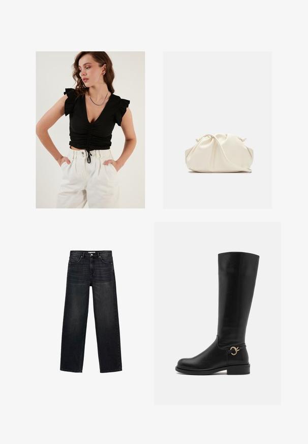 LELA SLIM FIT - Bluză - black; Blugi negri cu picioare largi din denim. Au cinci buzunare, un fermoar cu închidere prin buton și o ușoară decolorare pe față.; Anna Field Wide Fit Cizme - black; Geantă din faux leather de culoare crem, moale, cu un design pliat, bretele ajustabile și un închizător discret cu șnur. Textură netedă și formă rotunjită.; Cercei din argint cu suprafețe rotunjite și reflectorizante; design minimalist cu textură netedă și detaliu subtil de branding.