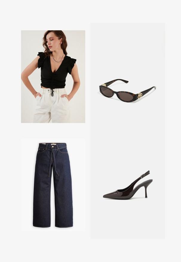 LELA SLIM FIT - Blusa - black; Jeans de mezclilla oscuros de pierna ancha con cintura alta, que cuentan con un lazo ajustable, cinco bolsillos y detalles de costura en contraste.; Zapato de tacón alto tipo slingback en piel sintética brillante de color marrón oscuro, con punta afilada, laterales abiertos y correa ajustable en el tobillo.; Gafas de sol carey con lentes ovalados alargados, tintado marrón, acentos de logo dorado en las patillas y brazos negros elegantes.