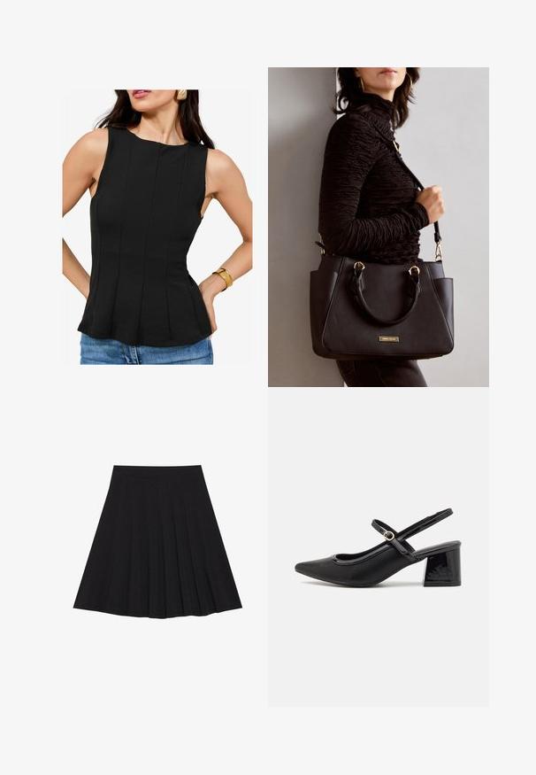 Schwarzes ärmelloses Oberteil mit rundem Halsausschnitt und vertikalen Falten. Der Stoff hat eine glatte Textur. Kombiniert mit Denim-Shorts und einem goldenen Armband.; Schwarzer, plissierter Rock aus strukturiertem Stoff mit einem taillierten Bund. Fällt knielang und hat eine glatte, klare Silhouette.; Schwarze Lackleder-Slingback-Absätze mit spitzer Zehenform, einem runden Ausschnitt-Design und einem Blockabsatz. Mit einem goldfarbenen Schnallenakzent.; Schwarze Handtasche mit strukturierten Oberflächen, doppelten Obergriffen und verstellbarem Schultergurt. Mit goldfarbener Hardware und Seitentaschen.