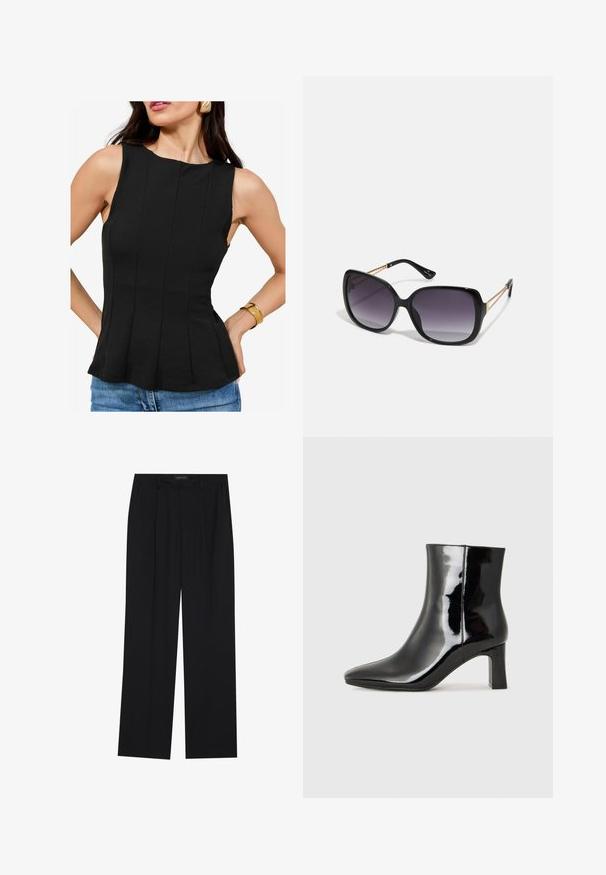 Czarna bezrękawnik z okrągłym dekoltem i pionowymi fałdami. Tkanina ma gładką fakturę. W połączeniu z dżinsowymi szortami i złotą bransoletką.; Czarne spodnie o prostym kroju nogawek, z dwoma przednimi kieszeniami i paskiem w talii. Wykonane z gładkiego, lekkiego materiału.; Czarne lakierowane botki za kostkę z wysmukłym noskiem i średniej wysokości obcasem w kształcie słupka. Gładka tekstura i minimalistyczny design.; Czarne oversize okulary przeciwsłoneczne z gradientowymi soczewkami, grubymi oprawkami i złotym łańcuszkiem na ramionach.