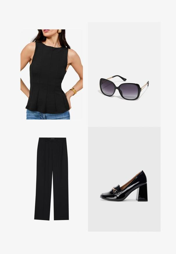 Black sleeveless top with a round neckline and vertical pleats. Fabric has a smooth texture. Paired with denim shorts and a gold bracelet.; Black trousers with a straight-leg design, featuring two front pockets and a waistband. Made from a smooth, lightweight fabric.; Black patent leather high-heeled shoe with a pointed toe and block heel. Features a decorative strap and buckle detail on the vamp.; Black oversized sunglasses with gradient lenses, thick frames, and gold-tone chain detailing on the temple arms.