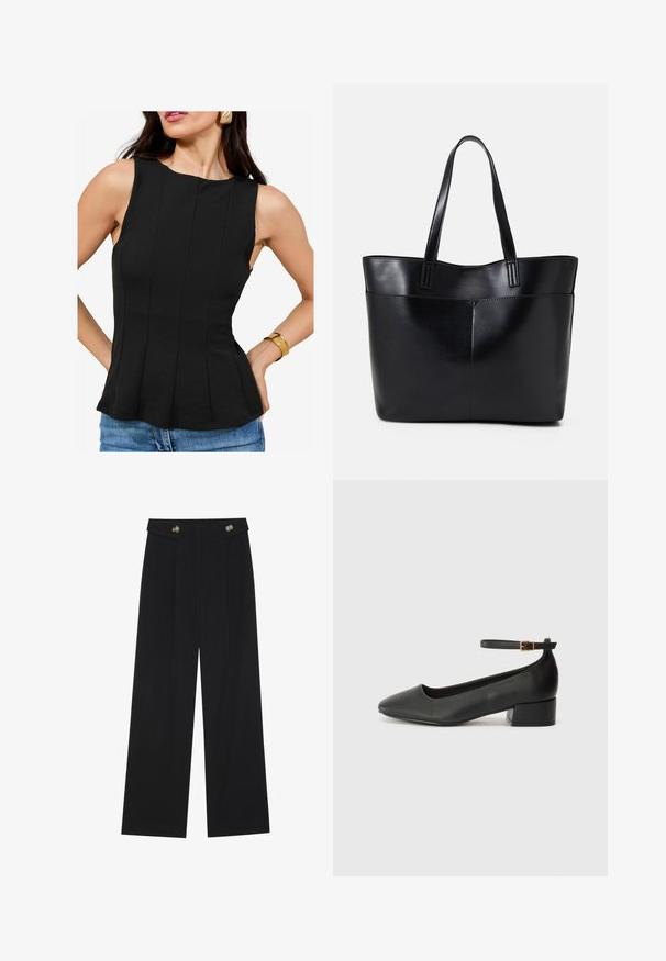 Schwarzes ärmelloses Oberteil mit rundem Halsausschnitt und vertikalen Falten. Der Stoff hat eine glatte Textur. Kombiniert mit Denim-Shorts und einem goldenen Armband.; Schwarze weite Hosen mit hoher Taille, Knopfdetails am Bund und vorderen Falten.; Schwarze Lederpumps mit spitzem Zehenbereich und niedrigem Blockabsatz. Mit einem Knöchelriemen und einer goldfarbenen Schnalle. Glatte Textur.; Schwarze Leder-Shopper-Tasche mit zwei langen Griffen, einer glatten Textur und einer strukturierten Form. Verfügt über eine Vordertasche für zusätzlichen Stauraum.
