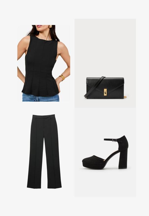 Čierny top bez rukávov s okrúhlym výstrihom a vertikálnymi záhybmi. Tkanina má hladkú textúru. Skombinovaný s džínsovými šortkami a zlatým náramkom.; Čierne vysoké široké nohavice s pútkami na opasok a predným švom, vystavené na bielom pozadí.; Čierne semišové platformové opätky s hrubým blokovým opätkom, zaoblenou špičkou a remienkom okolo členka zabezpečeným kovovou prackou. Hladký povrch po celom obvode.; Čierna kožená peňaženka s preklápacou klopou, zlatými kovovými detailmi a logom. Obsahuje odnímateľný popruh na nosenie.