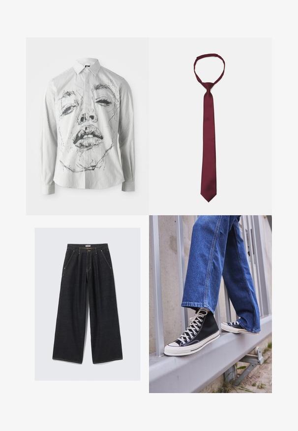 Pruhovaná košeľa s dlhým rukávom, na prednej strane s monochromatickou ilustráciou tváre. Tkanina je hladká, s klasickým golierom a detailmi gombíkov.; Tmavo modré široké nohavice s plisovaním na prednej strane, šikmými vreckami, pútkami na opasok a zapínaním na gombík v páse označeným "WEEKDAY".; Čierne vysoké tenisky s bielou podrážkou a šnúrkami, kombinované so voľnými modrými riflami, položené na sivej zábradlí.; Bordová saténová kravata s hladkým povrchom, úzkou šírkou a špicatým koncom; obsahuje slučku pre jednoduché nosenie.
