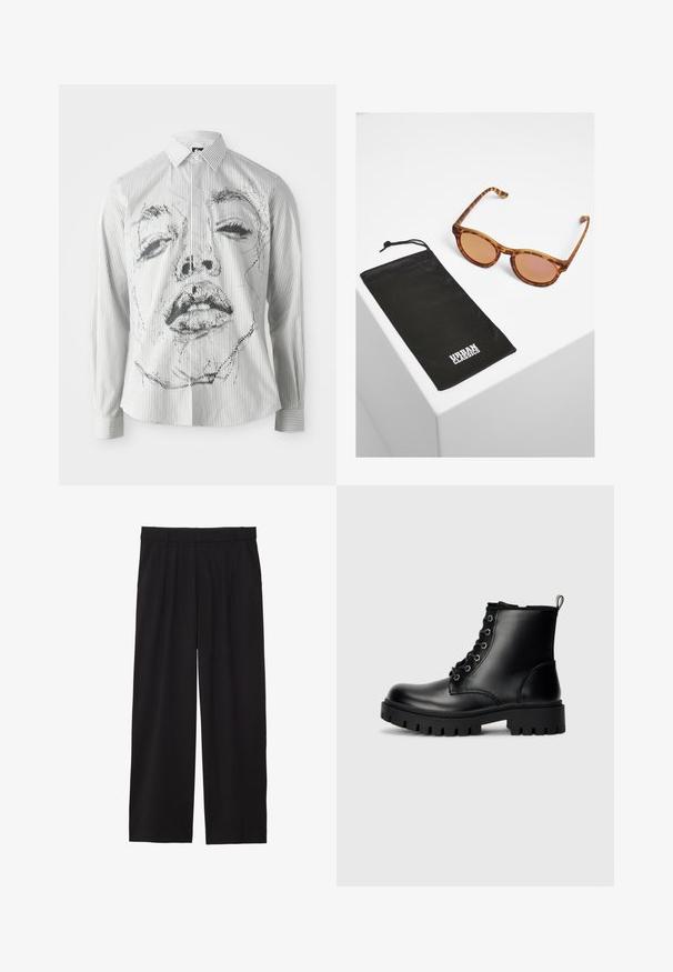 Raižotu garo piedurkņu krekls ar monohromu sejas ilustrāciju priekšpusē. Audums ir gluds, ar klasisku apkakli un pogu detaļām.; Melni platbagāžnieki ar plecu priekšpusi, sānu kabatām un gludu auduma tekstūru. Izstrādāti brīvai piegulšanai.; Melni ādas potītes zābaki ar apaļu purngalu, ar šņorēm un izturīgu, biezāku zoli. Iekļauts vilkšanas cilpiņa pie papēža un sudraba detaļas.; Brūnas bruņurupuča stilā saulesbrilles ar rozā lēcām, ar retro formu. Ietver melnu auduma maisiņu ar "URBAN CLASSICS" logos.