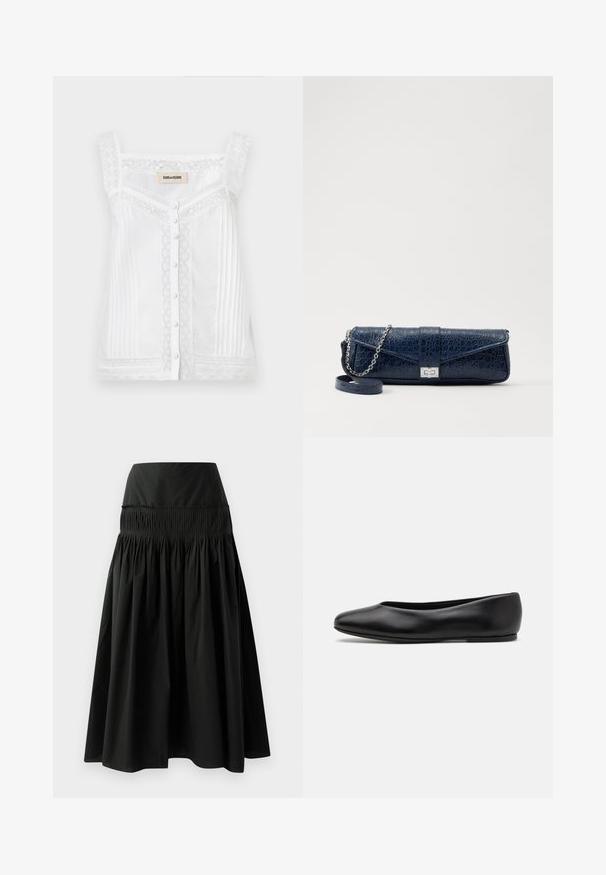 Weißes ärmelloses Oberteil mit Spitze, vertikalen Falten und einer Knopfverschluss vorne. Es hat einen wellenförmigen Spitzenhalsausschnitt und -träger.; Schwarzer knielanger Rock aus glattem Stoff, mit einem taillierten Bund und gerafftem Design für Fülle.; Paul Smith TOPANGA - Klassischer Ballerina - black; Marineblaue Leder-Clutch mit Krokodilstruktur, silberner Kettenriemen und metallischem Verschluss. Rechteckige Form mit Umschlagdesign.