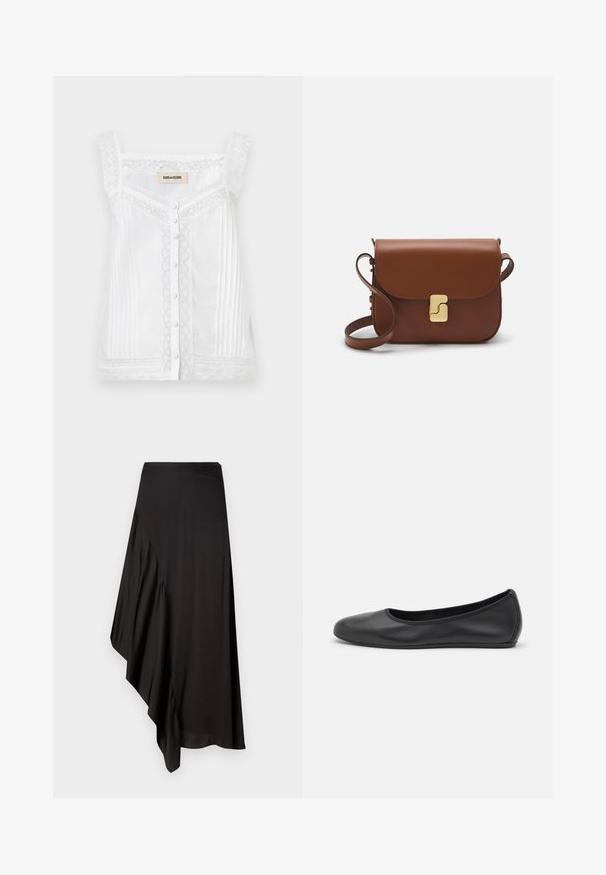 Top bianco senza maniche con dettagli in pizzo, pieghe verticali e chiusura con bottoni sul davanti. Caratterizzato da un colletto in pizzo scallopato e spalline.; AERON ASTER SKIRT - Gonna a tubino - black; Pantofole da balletto nere in pelle con punta arrotondata, texture liscia, dettagli di cucitura minimi e design con suola flessibile.; Borsa a tracolla in pelle marrone con chiusura a pattina, hardware color oro, tracolla e una finitura liscia. Forma rettangolare compatta.