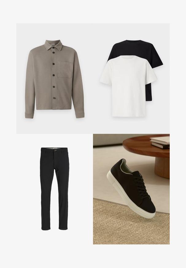 Light gray button-up shirt made of soft fabric; features a pointed collar, long sleeves, and a single chest pocket. Black buttons detail the front.; Cotton t-shirt set featuring a black top and a white top, both with short sleeves, round neckline, and standard fit. Textured fabric.; Black cotton blend pants with a slim fit, featuring a button closure, pockets, and rolled cuffs for a casual finish.; Black sneaker with white sole floating above beige textured rug near round wooden table with stacked books.