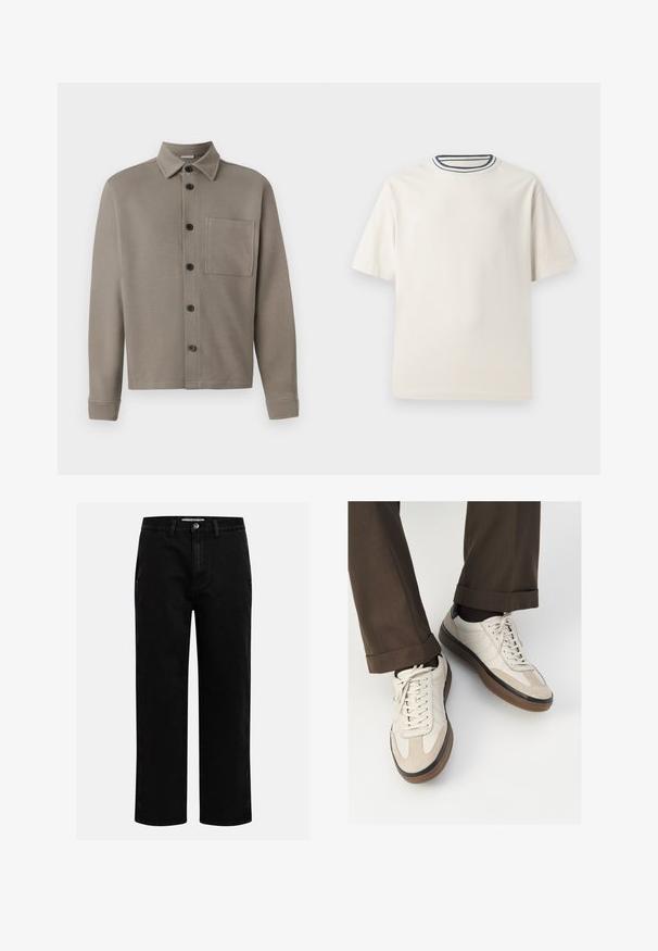 Camicia a maniche lunghe grigia chiara, realizzata in tessuto morbido; presenta un colletto a punta, taschino sul petto e bottoni neri che decorano la parte anteriore.; T-shirt in cotone color crema con maniche corte, caratterizzato da un collo rotondo decorato da righe blu navy e bianche. Tessuto liscio, vestibilità comoda.; Pantaloni in denim nero con taglio dritto, design classico a cinque tasche e chiusura con bottone in vita. Tessuto liscio e materiale resistente.; Sneakers beige con una parte anteriore in suede testurizzato, lati in pelle liscia e una suola in gomma marrone. Inclusi lacci e dettagli di cucitura leggera.