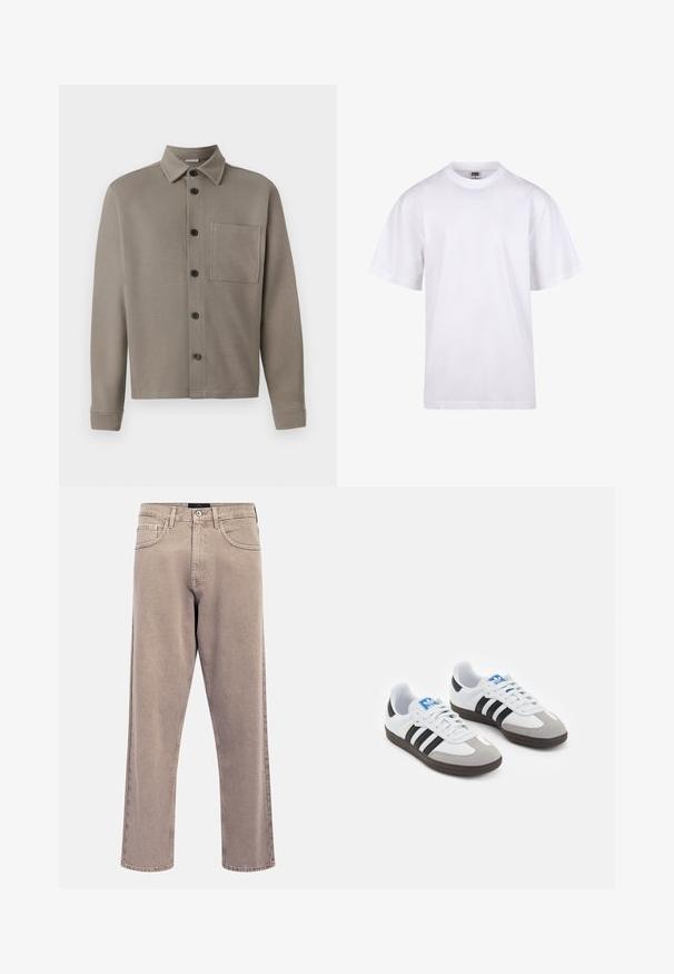 Lys grå skjorte med knaplukning lavet af blødt stof; har spidse kraver, lange ærmer og en enkelt brystlomme. Sorte knapper pryder fronten.; Hvid bomulds T-shirt med rund halsudskæring, korte ærmer og en afslappet pasform. Har et enkelt design uden mønstre eller dekorationer.; Lyse beige jeans med lige ben, en let falmet tekstur, design med fem lommer og lukning med metalknap. Fremtrædende syningsdetaljer.; Sportsko med en overdel i hvid læder, grå ruskind på tåen og tre sorte striber. Har et blåt logo på tungen og en struktureret gummisål.