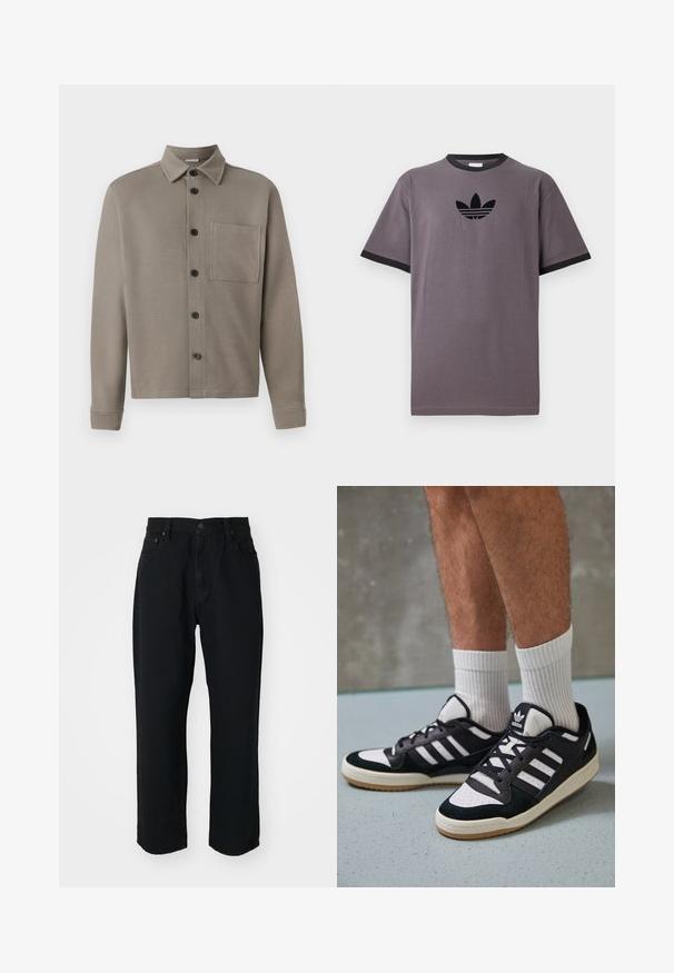 Svijetlosiva košulja na dugih rukava od mekog materijala; ima oštri ovratnik, dugačke rukave i jedan džep na prsima. Crni gumbi ukrašavaju prednji dio.; Siva pamučna majica s crnim rebrastim okovratnikom i kratkim rukavima, s crnim Adidas logotipom na prsima.; Crne traperice od tankog jeansa s ravnim krojem, laganom teksturom, dizajnom s pet džepova i dugmetom za zatvaranje u struku.; Crne i bijele tenisice s gornjim dijelom od antilopa i kože, s tri bijele pruge, perforiranim prstom i gumiranim potplatom.