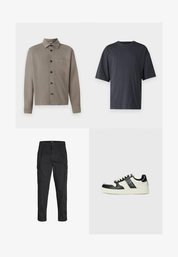 Camicia a maniche lunghe grigia chiara, realizzata in tessuto morbido; presenta un colletto a punta, taschino sul petto e bottoni neri che decorano la parte anteriore.; T-shirt corto a maniche corte di colore grigio scuro realizzato in cotone leggero, con vestibilità ampia e colletto girocollo classico, caratterizzato da una texture liscia e senza motivi.; Pantaloni cargo neri realizzati in un tessuto resistente, dotati di molteplici tasche, chiusura con bottone e un design aderente con gambe affusolate.; Sneakers in pelle con una combinazione di colori nero e crema, dotati di dettagli perforati, collare imbottito e suola testurizzata.