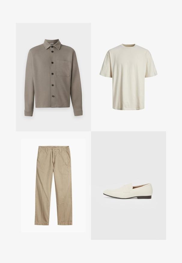 Chemise à boutons grise clair en tissu doux ; dotée d'un col pointu, de manches longues et d'une poche poitrine. Des boutons noirs ornent l'avant.; T-shirt en coton à col rond en blanc cassé, avec des manches courtes, une coupe décontractée et une texture lisse et légère.; Chinos beiges à jambes droites avec passants de ceinture, fermeture par bouton et fermeture éclair à l'avant, et poches avant en biais.; Mocassins beige clair avec un bout pointu, en matériau lisse, une sangle sur le devant et une semelle basse marron. Design simple avec des accents minimalistes.