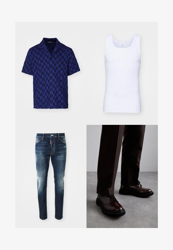 J.LINDEBERG TORPA RESORT - Overhemd - bridge stack blue; Witte katoenen mouwloze tanktop met een ronde halslijn, met een gladde textuur en een aansluitende pasvorm, ontworpen voor casual gebruik.; Donkerblauwe spijkerbroek met een slim fit, met vervaagde gebieden op de bovenbenen en knieën, vijf zakken en een metalen knoopsluiting.; Bruine leren veterschoenen met een glanzende afwerking, zwarte rubberen zool en subtiele stiksels. Draag ze met bruin gestreepte broek.